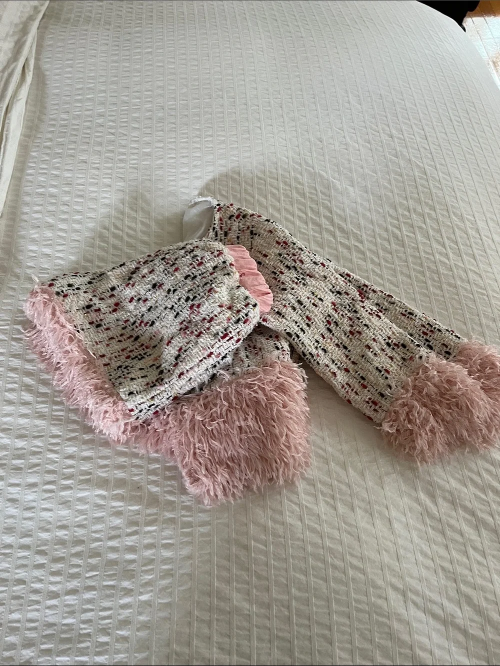 Ivory and pink Tweed Two-Piece Set with Blush Pink Feather Trim
